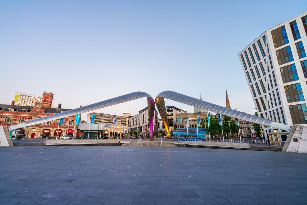 Coventry, England-June 1st, 2022: Whittle Arches outside the Transport Museum near Sir Frank Whittle statue. English aviation engineer and pilot who invented the