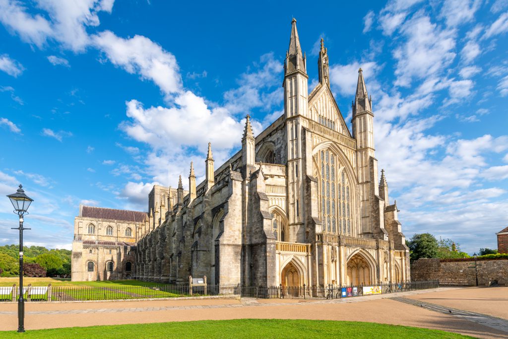 The medieval Cathedral Church of the Holy Trinity, Saint Peter, Saint Paul and Saint Swithun, commonly known as Winchester Cathedral, in the city of Winchester, England.