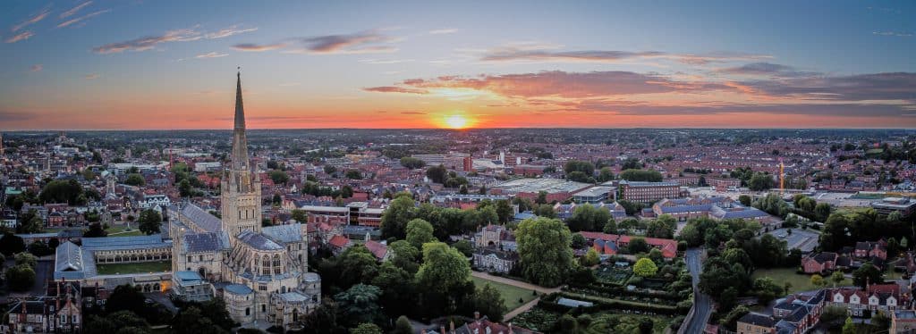 Norwich sunset over the city