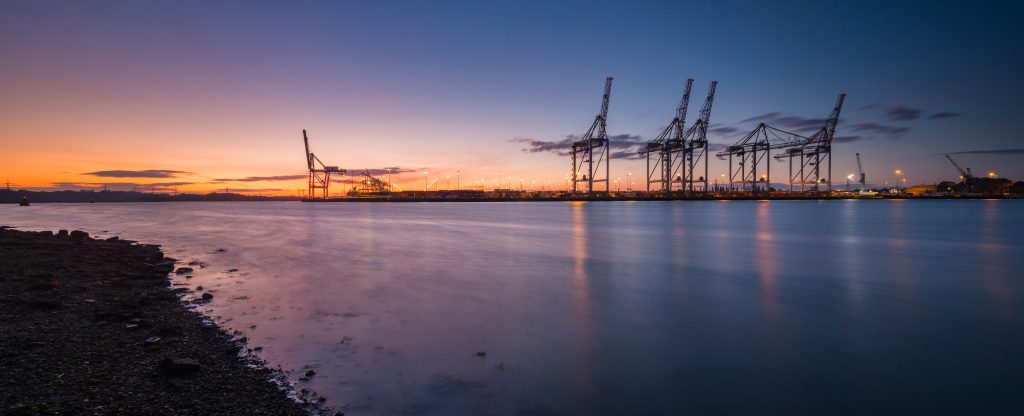 Southampton Docks viewed from Marchwood at sunset.